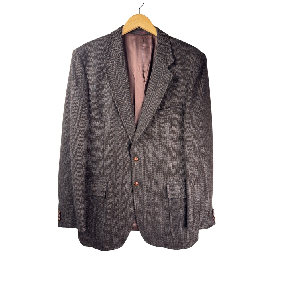 Vintage Boston Trader Blazer Mens 43L Brown Wool Herringbone Sport Coat Jacket